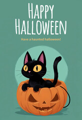 Happy Halloween poster with black cat sitting on carved pumpkin isolated on green background