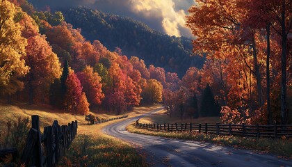 Aufkleber - A serene autumn landscape with vibrant foliage, a winding road, and a peaceful atmosphere, showcasing the beauty of nature in fall.