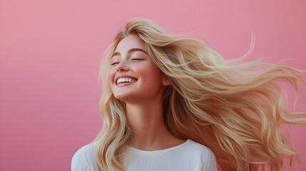 4. **Joyful Beauty**: Capture a joyful moment with a smiling young woman showcasing her long, well-maintained blonde hair in front of a pastel flat background. The layout should feature plenty of