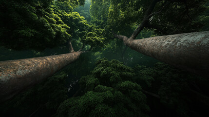 Poster - View from below of tall trees with thick trunks and dense green foliage in a lush forest environment, showcasing the canopy and natural textures.