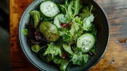 A fresh garden salad with a variety of leafy greens, cucumbers, and herbs, presented in a minimalist bowl on a wooden table.