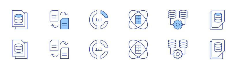 Data icon set in two styles, Duotone and Thin Line style. Editable stroke. data analysis, data science, file, database, circular chart, data