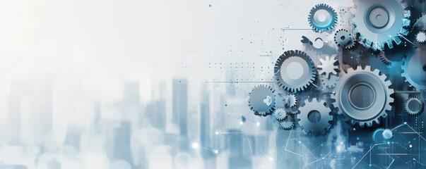 Wall Mural - Abstract technological background with gears and cityscape, perfect for infographics and presentations on innovation and engineering concepts