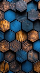 Poster - Abstract pattern of wooden hexagons in blue and brown tones showcasing geometric art and natural textures