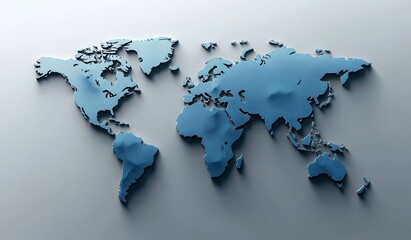 Wall Mural - blue world map on gray background showcasing continents with modern design and subtle shadow effect