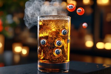 3D animated cocktail where the liquid swirls and bubbles in real-time, with realistic smoke rising from the glass and candy eyeballs floating to the surface