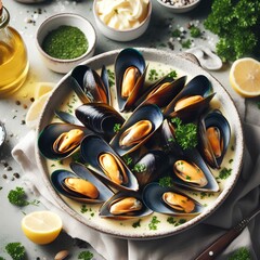 homemade French Mussels in white wine cream sauce with parsley and lemon at the side.