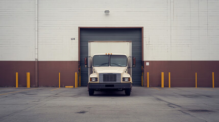 A front view of a delivery truck parked at a loading dock, ready to load goods