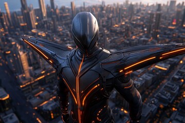 3D-rendered character in an X shape, standing at the edge of a futuristic cityscape, with realistic lighting and shadows creating depth and dimension