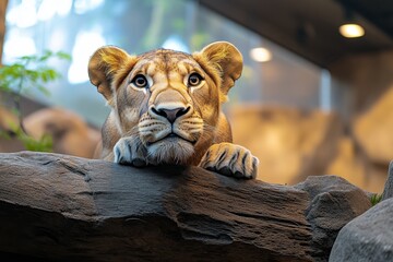 Poster - 3D-rendered zoo exhibit of a lion, with lifelike textures and lighting creating a digital, interactive experience where visitors can explore the habitat up close