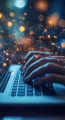 Poster - Close-up of hands typing on a laptop amid digital network connections in a modern office setting