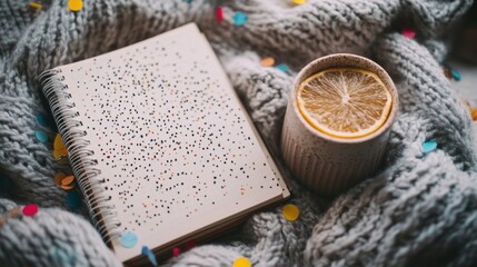 A cozy flat lay featuring a notebook and a hot drink beside colorful confetti captures the spirit of New Yearâs resolutions. inspiring motivation, creativity, and planning for personal goals 2025