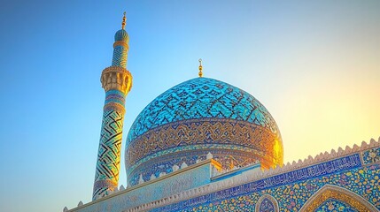 A beautiful mosque with a blue dome and minaret against a clear sky.