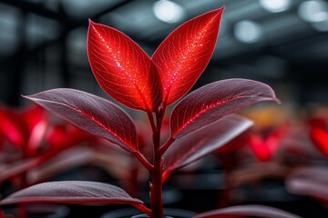 Poster - Bio-engineered holly willow in a futuristic greenhouse, with its leaves glowing under UV light and its red stems enhanced to produce renewable energy in a clean, modern setting
