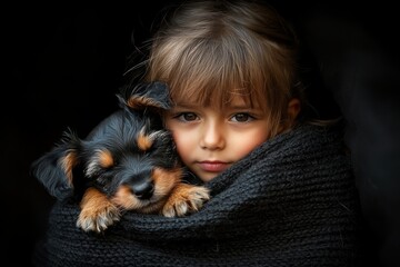 a young girl with brown hair snuggles a small puppy in a cozy black blanket, radiating warmth and af