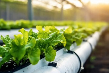 Wall Mural - Fresh green lettuce growing in a hydroponic greenhouse setup.