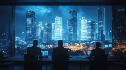 Poster - A group of architects and design specialists are sitting in front of a large screen on which the design of the business center of the city is displayed