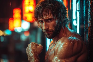 A muscular Caucasian man with wet hair flexes against vibrant neon lights, exuding confidence and intensity.