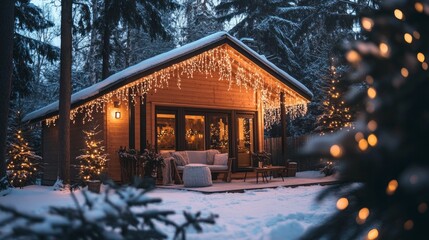 Aufkleber - A cozy cabin with a Christmas tree and lights hanging from the roof
