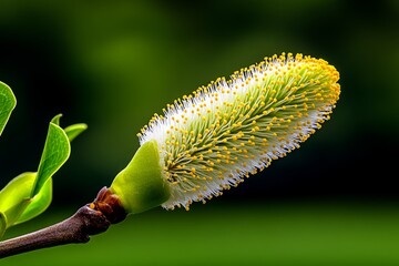 Aufkleber - Close-up of a willow catkin, showing the intricate, soft texture and the way light catches on the tiny hairs, with a blurred background of greenery in the distance
