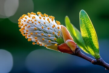 Aufkleber - Close-up of a willow catkin, showing the intricate, soft texture and the way light catches on the tiny hairs, with a blurred background of greenery in the distance