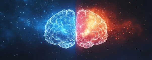 Poster - Digital illustration showing two glowing brains in vibrant contrasting colors, symbolizing intelligence, creativity, and thought connections in a dynamic virtual space.