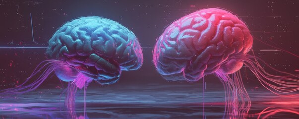Poster - Digital illustration depicting two interconnected brains with vibrant neural connections and a futuristic atmosphere