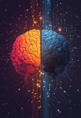 Poster - Digital illustration of two connected brains showcasing neural connections in vibrant colors