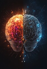 Poster - digital illustration of two brains connected by vibrant circuits and glowing patterns representing t