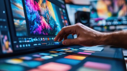 Fototapete - designers hand is selecting vibrant colors from palette on digital screen, showcasing creativity and attention to detail in modern workspace