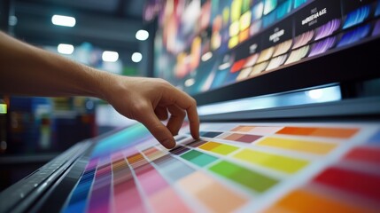 Fototapete - designers hand is selecting colors from vibrant palette, showcasing variety of hues and shades. scene captures creative process of color selection, emphasizing importance of color in design