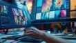 © ryker - designers hand is selecting colors from vibrant palette while working on digital project. workspace is filled with colorful images on screens, showcasing creativity and inspiration