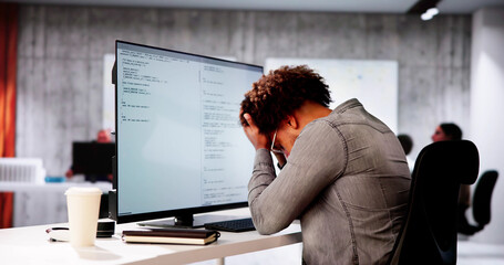 Poster - Unhappy Sad Developer Programmer Man In Stress Coding Software