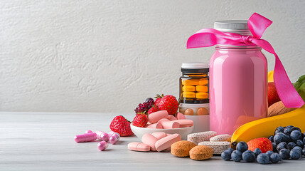 Wellness kit featuring various supplements, pink ribbon, and fresh fruits like strawberries and bananas, creating vibrant and healthy lifestyle atmosphere