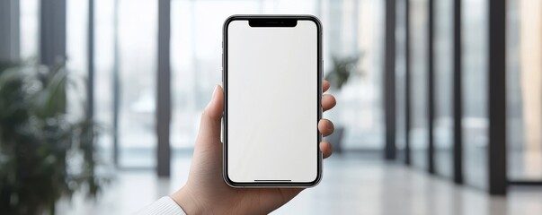 Poster - A hand holds a smartphone with a blank white screen against a neutral background, showcasing technology and modern communication.