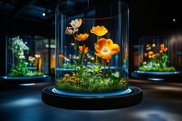 Poster - Hovering flowerbeds in a futuristic landscape, where flowers are suspended in the air, rotating gently and emitting soft light as part of an advanced eco-project