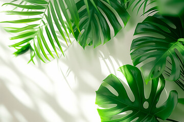 Wall Mural - Lush green leaves elegantly cascade against a clean white surface, casting playful shadows that enhance the tranquil ambiance and invite a sense of calm