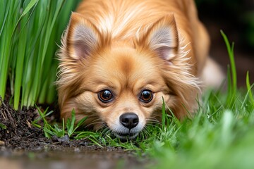 Fototapete - Hyper-realistic close-up of a dog's face, with every detail of its fur, eyes, and nose captured as it plays joyfully in the grass, showing intense focus and happiness