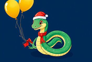 cute snake in the cap of Santa Claus with balloons on a blue background. New year 2025