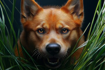 Fototapete - Hyper-realistic close-up of a dog's face, with every detail of its fur, eyes, and nose captured as it plays joyfully in the grass, showing intense focus and happiness