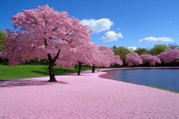 Poster - Japanese cherry blossom park, where soft pink petals fall gently from the trees, covering the ground in a light, floral carpet