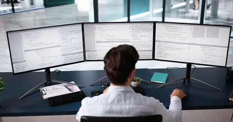 Fototapete - Coder Using Computer At Desk