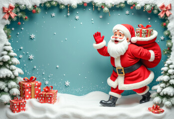 Wall Mural - 3D Santa Claus with a bag of gifts on his back walking through the forest, Christmas new year, copy space