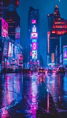 Wall Mural - Futuristic nighttime cityscape with skyscrapers, neon lights, and reflective wet streets