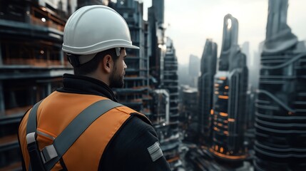 Poster - Construction worker wearing safety gear overseeing futuristic cityscape with high-rise buildings and advanced architecture