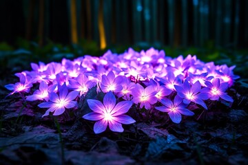 Poster - Magical purple dead-nettle field, where the flowers glow softly at night, illuminating the dark forest with a gentle, purple light, surrounded by enchanted creatures