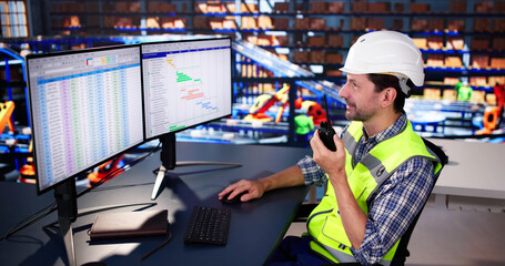 Poster - Warehouse Worker Manager Using Computer And Walkie-Talkie