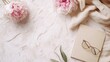 © Johannes - flat lay paper notebook eyeglasses peony flowers,beige cloth on stone background top view girl home office desk with elegant accessories modern feminine workspace concept.