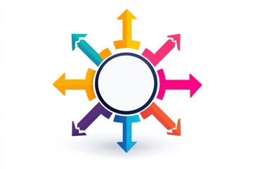 Poster - Colorful flat-style  illustration of arrows pointing in multiple directions with a central circle symbolizing diverse paths and decision-making.