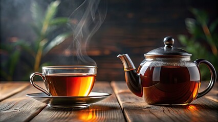 Wall Mural - Panoramic view of a cup of black tea with teapot in background